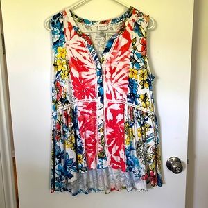 Cupio Floral Tropical Coral & Aqua Buttoned Babydoll Sleeveless Top!